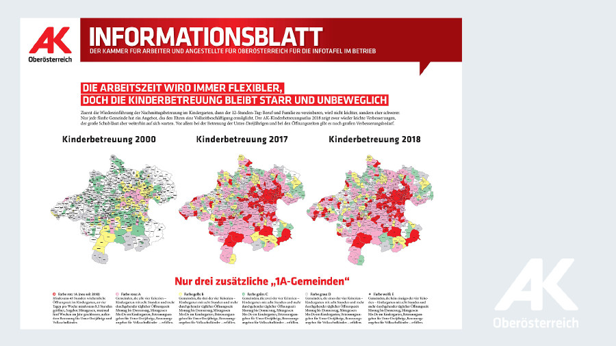 Landkarten von Oberösterreich: Kinderbetreuung von 2000 bis 2018 © -, Arbeiterkammer Oberösterreich Landkarten von Oberösterreich: Kinderbetreuung von 2000 bis 2018 © -, Arbeiterkammer Oberösterreich