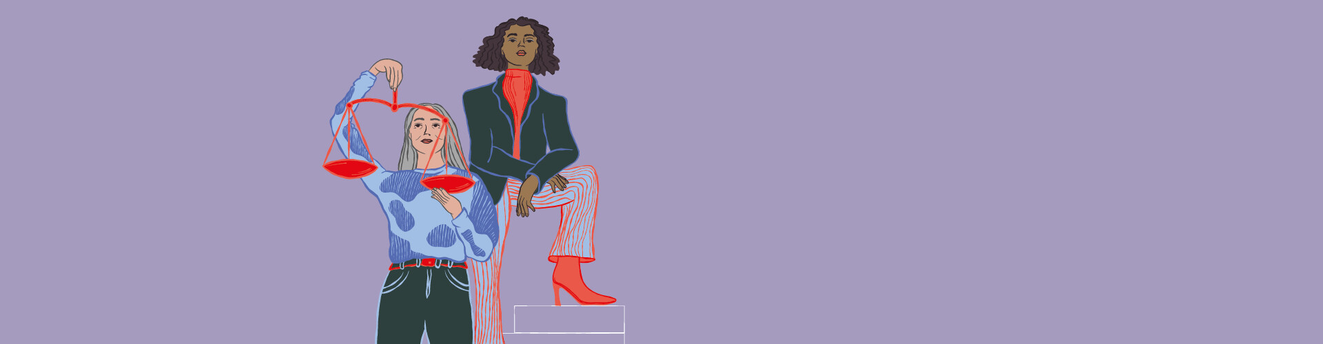 Eine Illustration der K&uuml;nstlerin Tanja Prambinski von 2 Frauen auf lila Hintergrund.