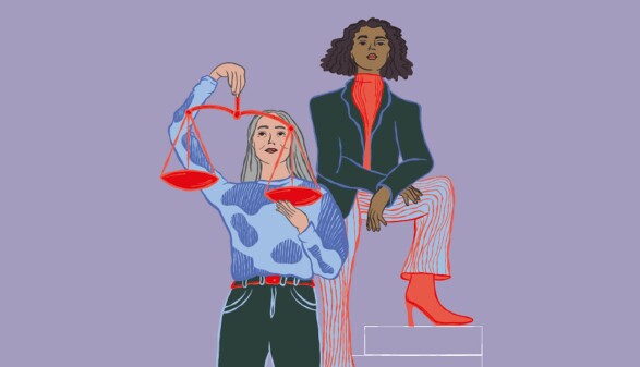 Eine Illustration der K&uuml;nstlerin Tanja Prambinski von 2 Frauen auf lila Hintergrund.