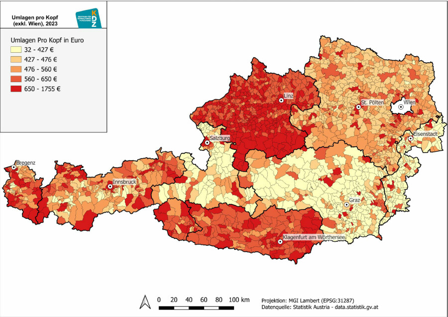 Von den Gemeinden zu leistende Umlagen pro Kopf ohne Wien, 2023. Quelle: Berechnung des KDZ (2025) auf Basis Statistik Austria: Gemeindefinanzdaten 2023
