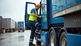 Ein Mann mit Helm und gelber Warnweste steigt auf der Fahrerseite in einen LKW ein.