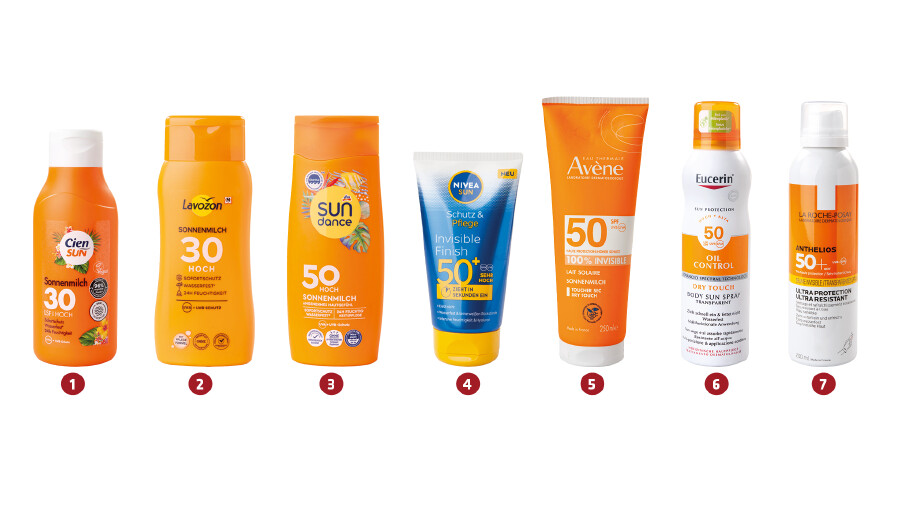 7 besten Produkte aus dem Sonnencreme-Test 7 beste Produkte im Test: Sonnencremes von Cien Sun, Lavozon, Sundance, Nivea Sun, Eue Thermale Avène, Eucerine und La Roche © KONSUMENT 7 besten Produkte aus dem Sonnencreme-Test