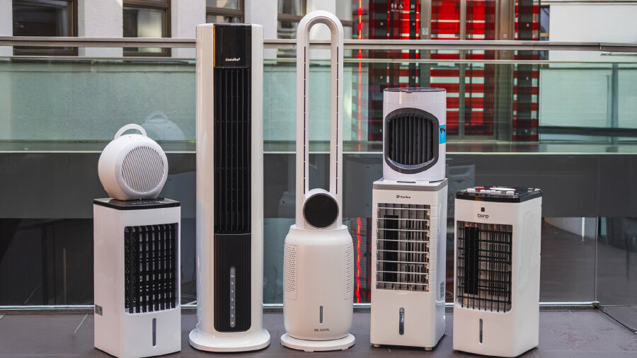 Mobile Luftk&uuml;hler und Turmventilatoren in Reihe.