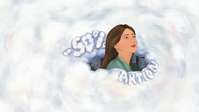 Frau schwebt in einer Wolke
