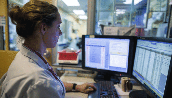 &Auml;rztin pr&uuml;ft Daten am Monitor