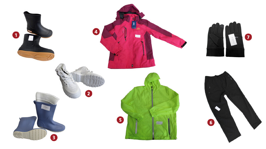 Verschiedene Kleidungsstücke und Schuhe für Outdoor- oder Winteraktivitäten