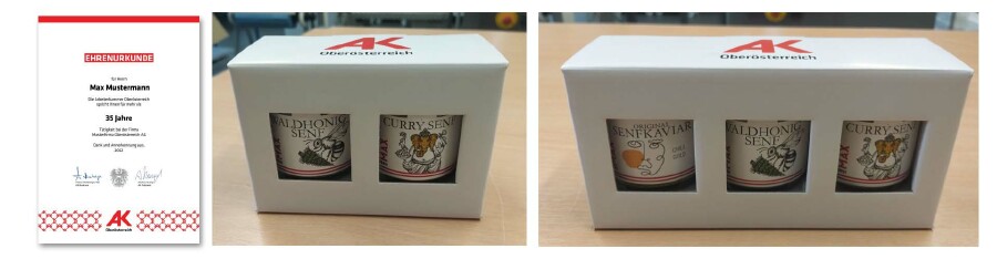 Urkunde und Geschenke bei Arbeitsjubil&auml;um