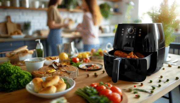 Tisch mit vielen Lebensmitteln und einer mit Chicken Nuggets gef&uuml;llten Hei&szlig;luftfriteuse drauf