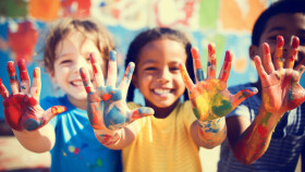 Kinder spielen mit Fingerfarben