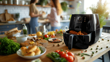 Tisch mit vielen Lebensmitteln und einer mit Chicken Nuggets gef&uuml;llten Hei&szlig;luftfriteuse drauf