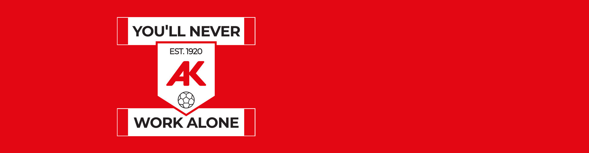 Einem Fu&szlig;ballverein nachempfundenes Wimpel-Logo der AK in rot-wei&szlig; mit der Aufschrift: "You'll never work alone. AK est. 1920"